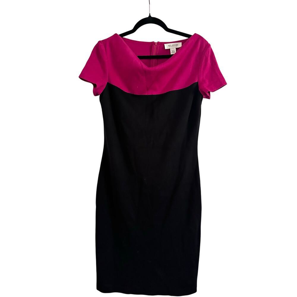 ST. JOHN Collection Colorblock Sheath Dress Pink Black Cowl Neck Knit Classic 4